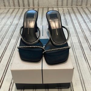 NAYLIN Black Satin Dolce Vita Crystal Strap Sandals with box